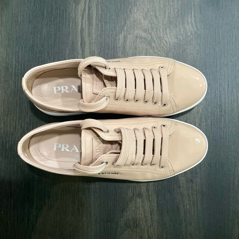 Prada Nude Patent Leather Low Top Sneakers